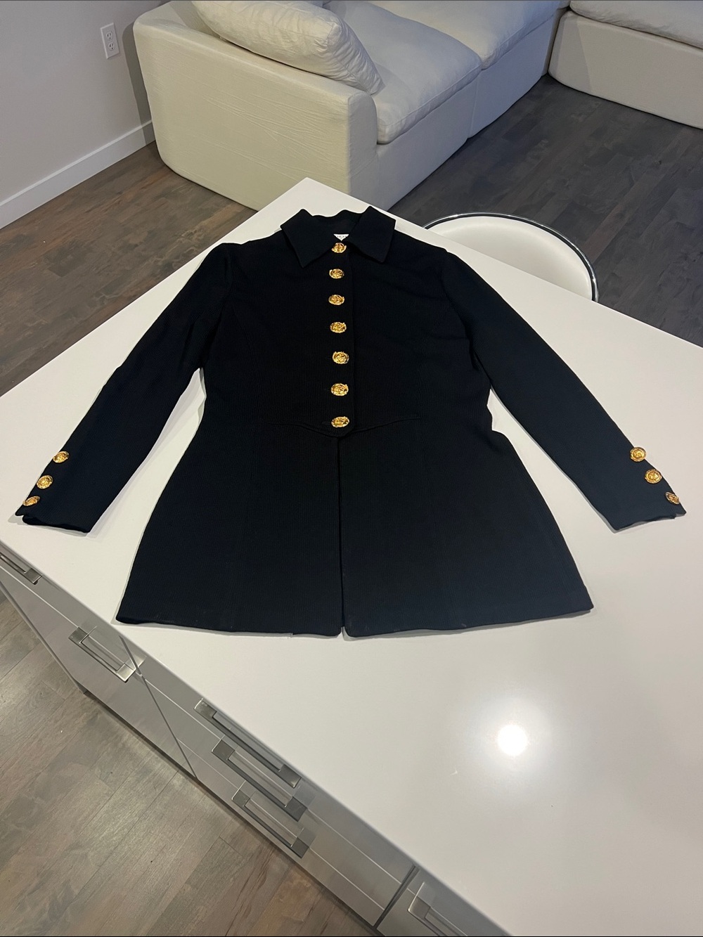 St. John Collection santana black knitted fit & flare jacket w/ gold buttons 12